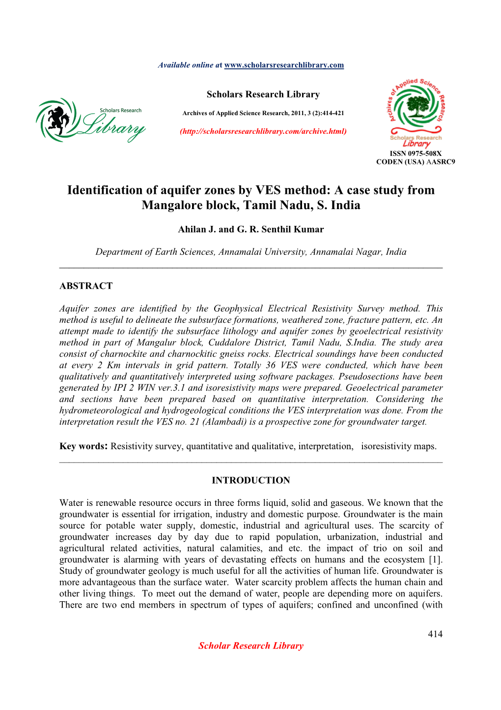 Identification of Aquifer Zones by VES Method: a Case Study from Mangalore Block, Tamil Nadu, S