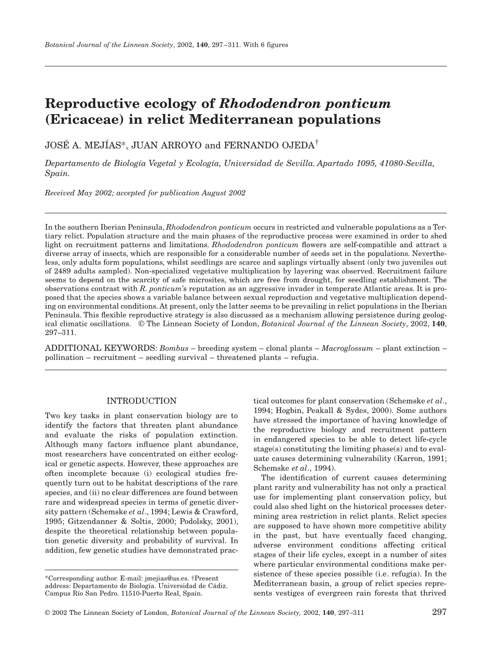 Reproductive Ecology of Rhododendron Ponticum (Ericaceae) in Relict Mediterranean Populations