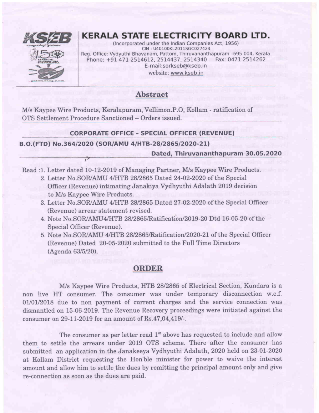 KERALA STATE ELECTRICITY BOARD LTD. (Lncorporated Under the Indian Companies Act, 1956) Cl N : U40100KL2OLLSGCO27 424 Reg