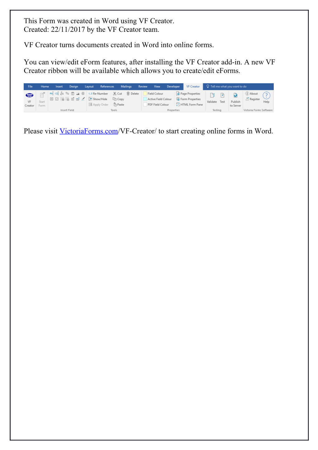 This Form Was Created in Word Using VF Creator