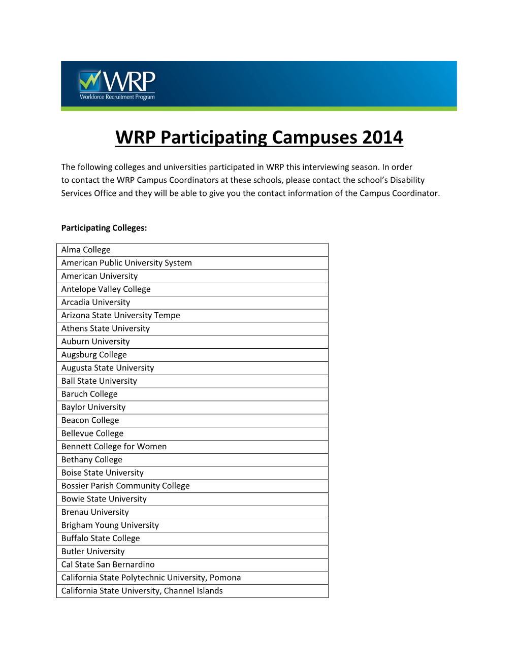 WRP Participating Campuses 2014