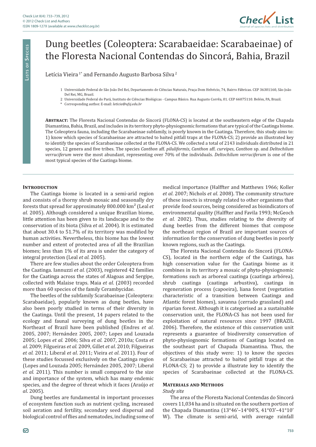 Check List 8(4): 733–739, 2012 © 2012 Check List and Authors Chec List ISSN 1809-127X (Available at Journal of Species Lists and Distribution