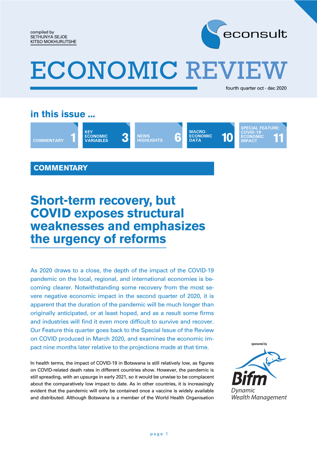 ECONOMIC REVIEW Fourth Quarter Oct - Dec 2020 in This Issue