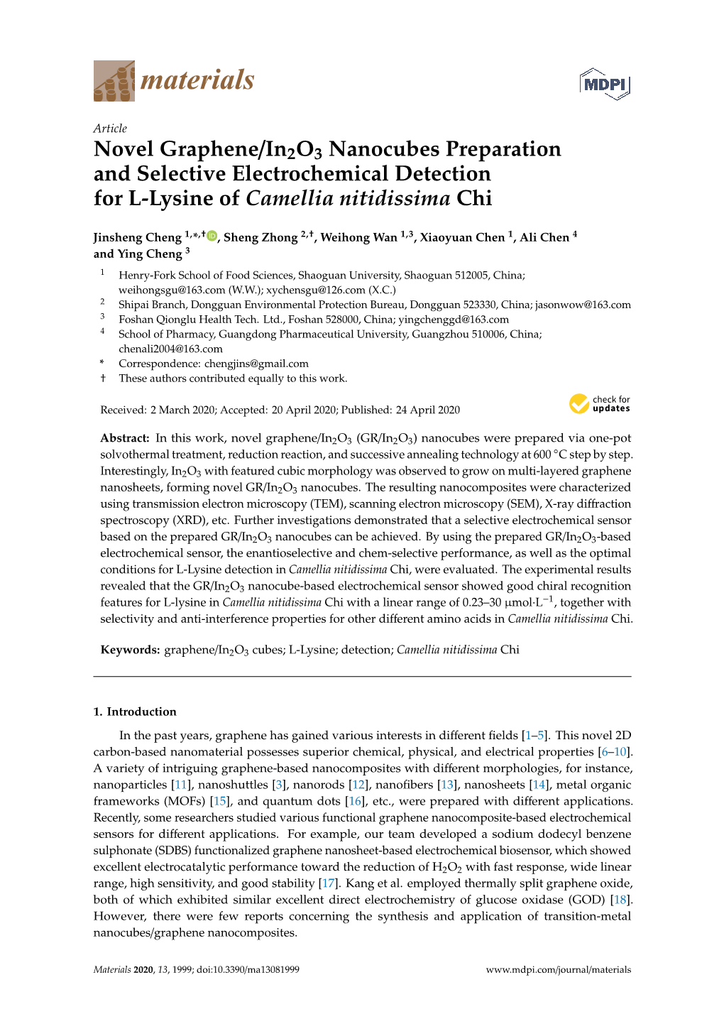 Novel Graphene/In2o3 Nanocubes Preparation and Selective Electrochemical Detection for L-Lysine of Camellia Nitidissima Chi