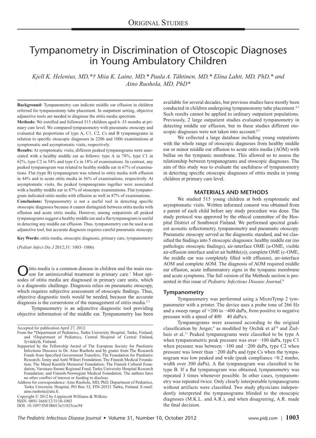 Tympanometry in Discrimination of Otoscopic Diagnoses in Young Ambulatory Children