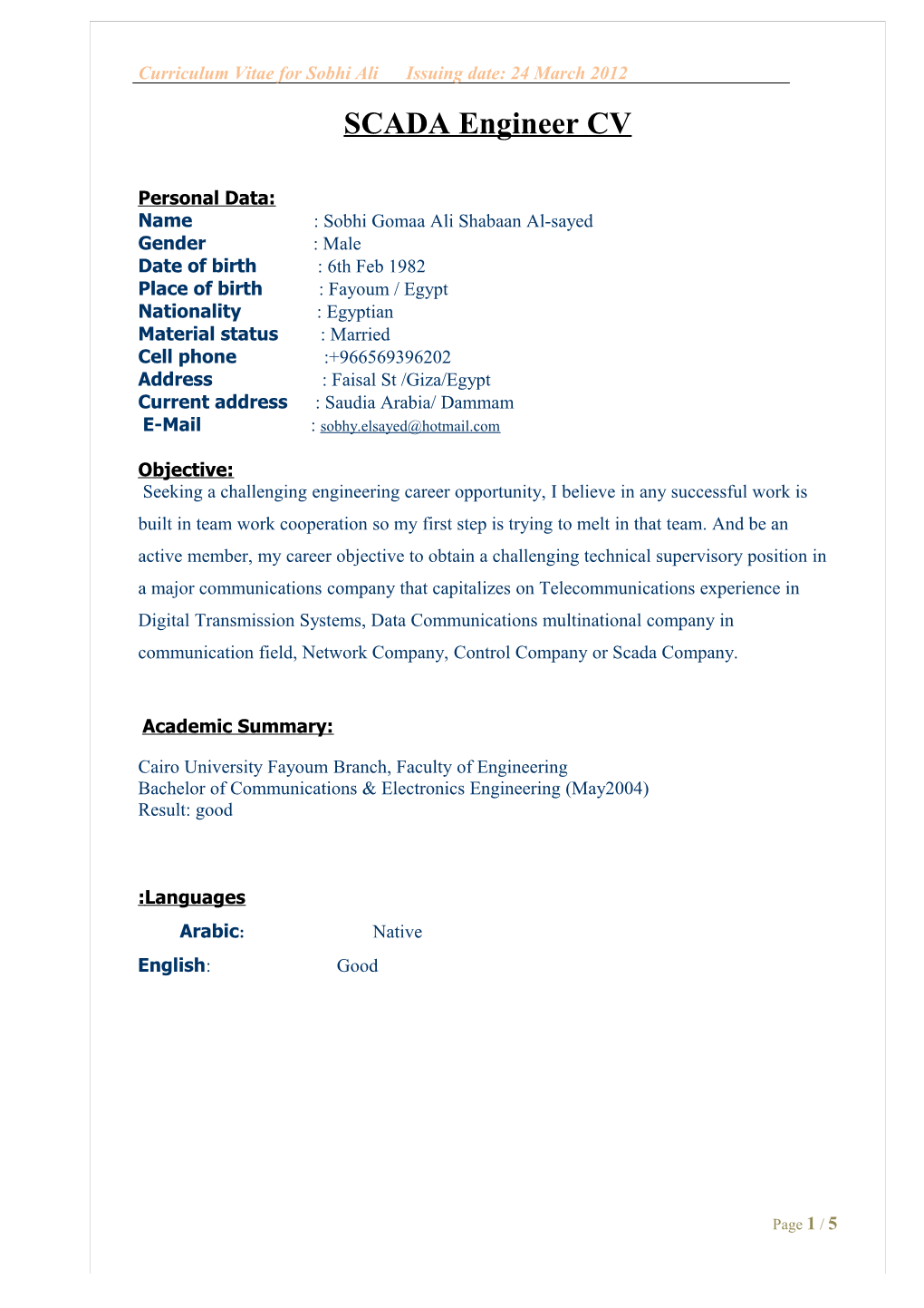 Curriculum Vitae for Sobhi Ali Issuing Date: 24 March 2012