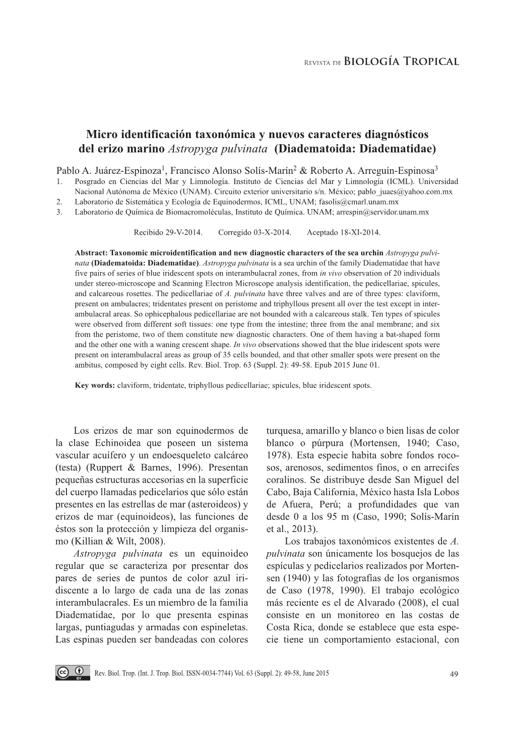 Micro Identificación Taxonómica Y Nuevos Caracteres Diagnósticos Del Erizo Marino Astropyga Pulvinata (Diadematoida: Diadematidae)