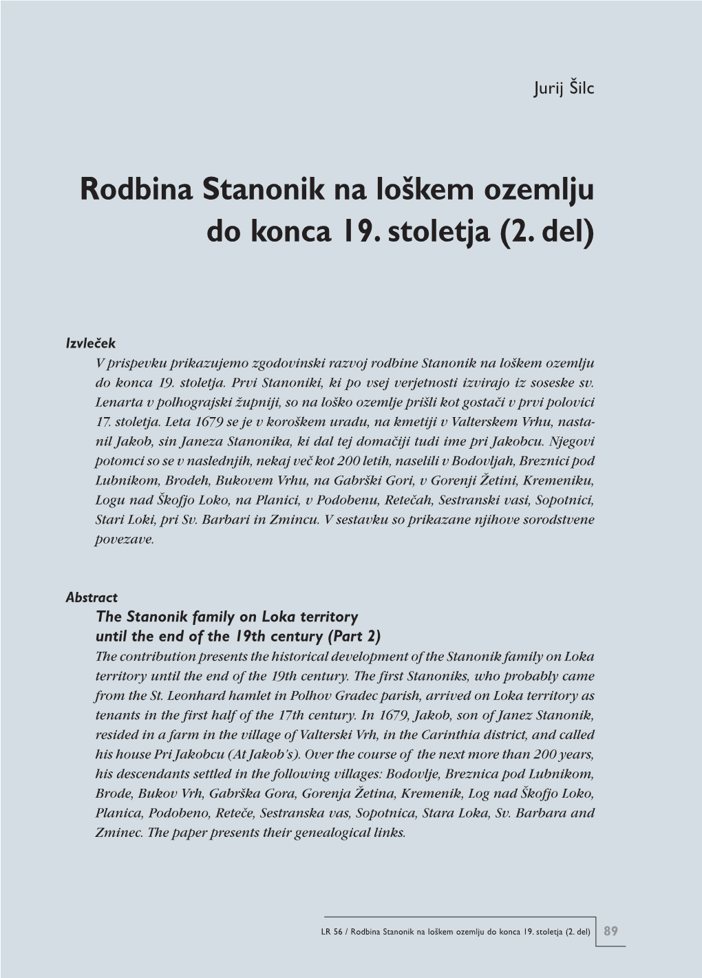 Rodbina Stanonik Na Loškem Ozemlju Do Konca 19. Stoletja (2