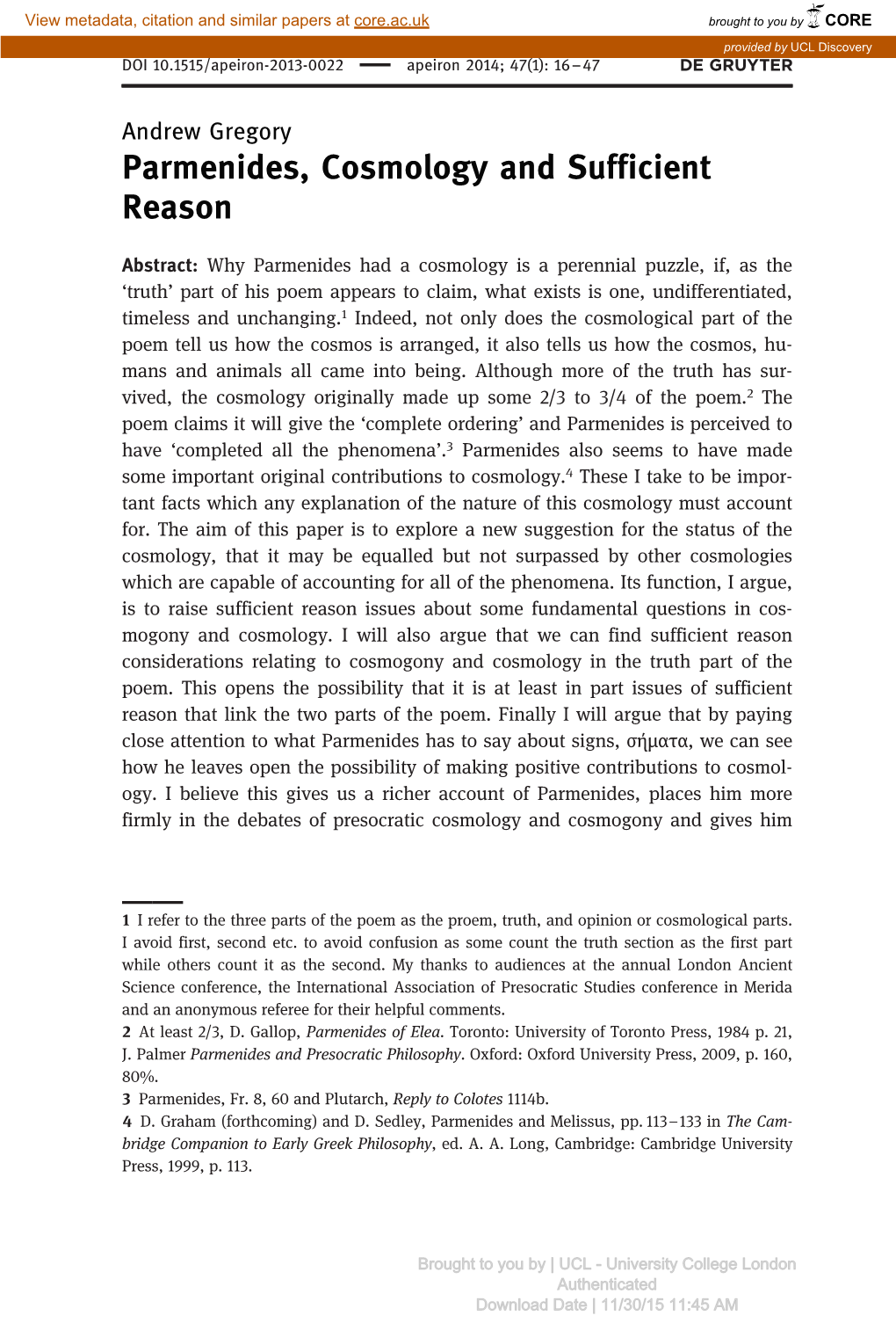 Parmenides, Cosmology and Sufficient Reason