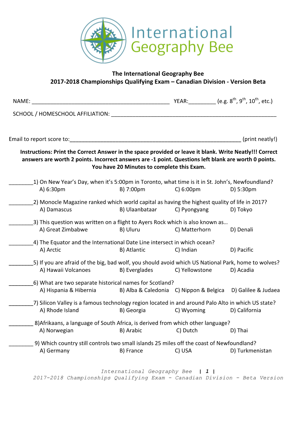 Championships Qualifying Exam – Canadian Division - Version Beta