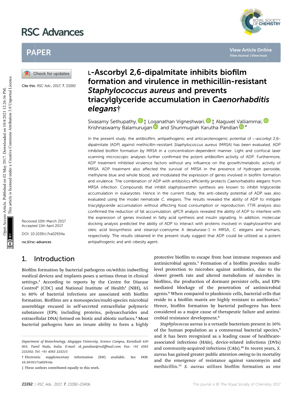 Staphylococcus Aureus and Prevents Triacylglyceride Accumulation in Caenorhabditis Elegans†