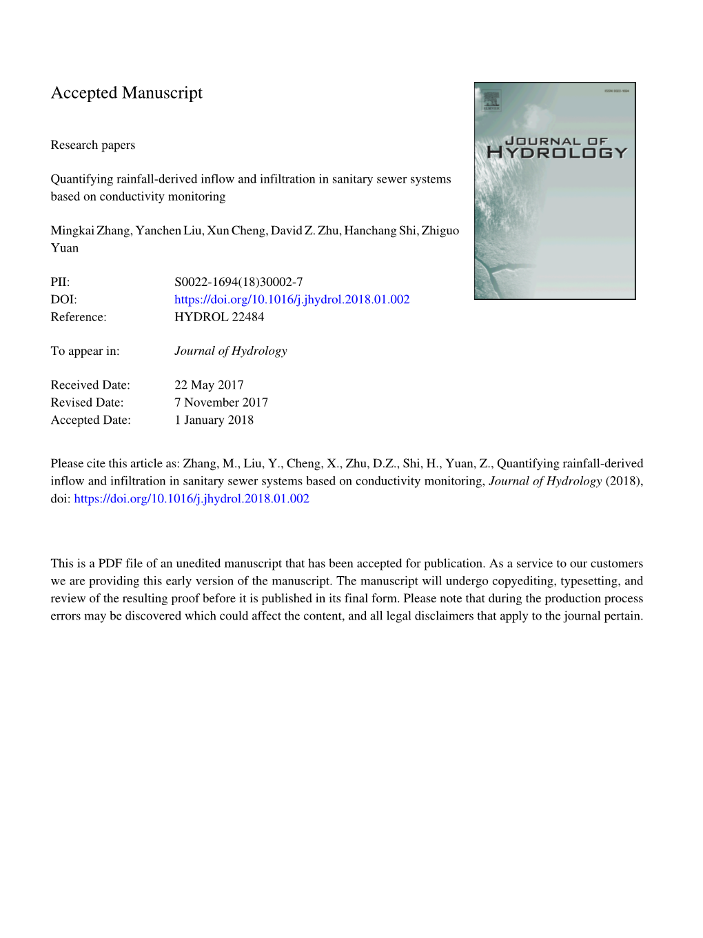 Quantifying Rainfall-Derived Inflow and Infiltration in Sanitary Sewer Systems Based on Conductivity Monitoring