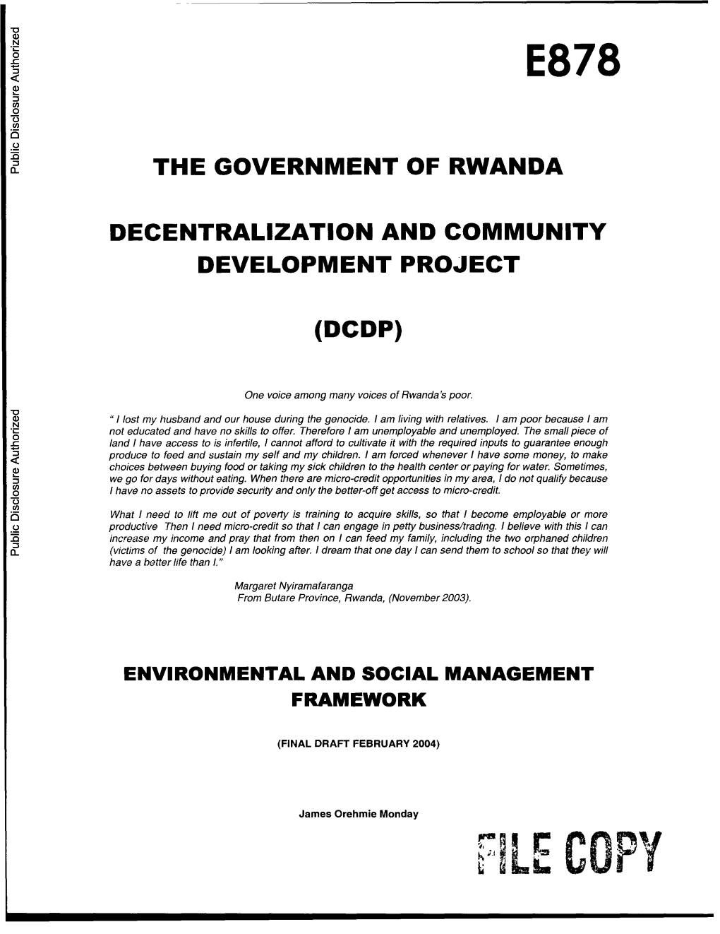 The Government of Rwanda Decentralization and Community