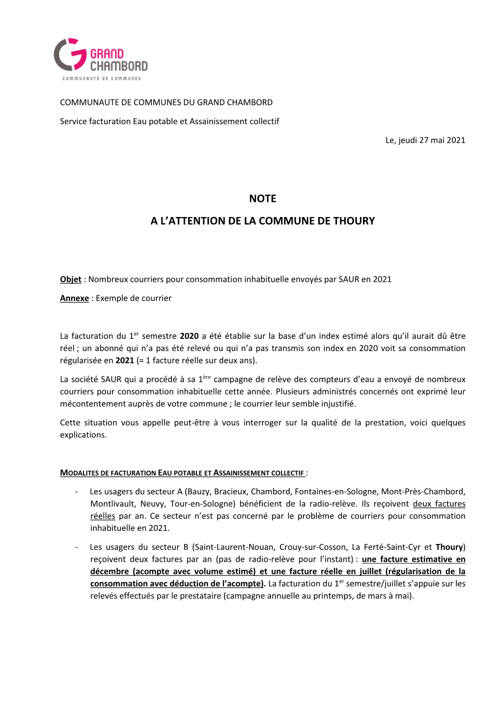 Note a L'attention De La Commune De Thoury