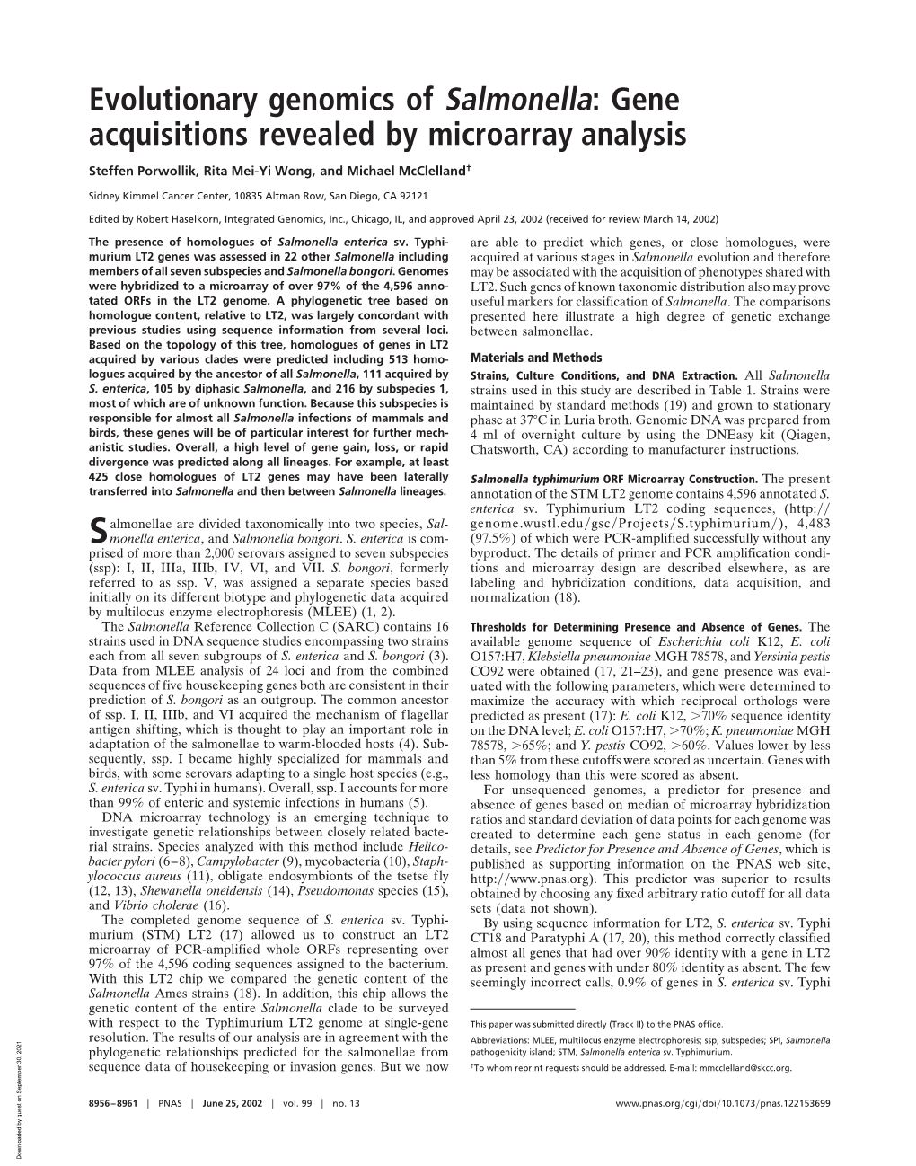 Evolutionary Genomics of Salmonella: Gene Acquisitions Revealed by Microarray Analysis