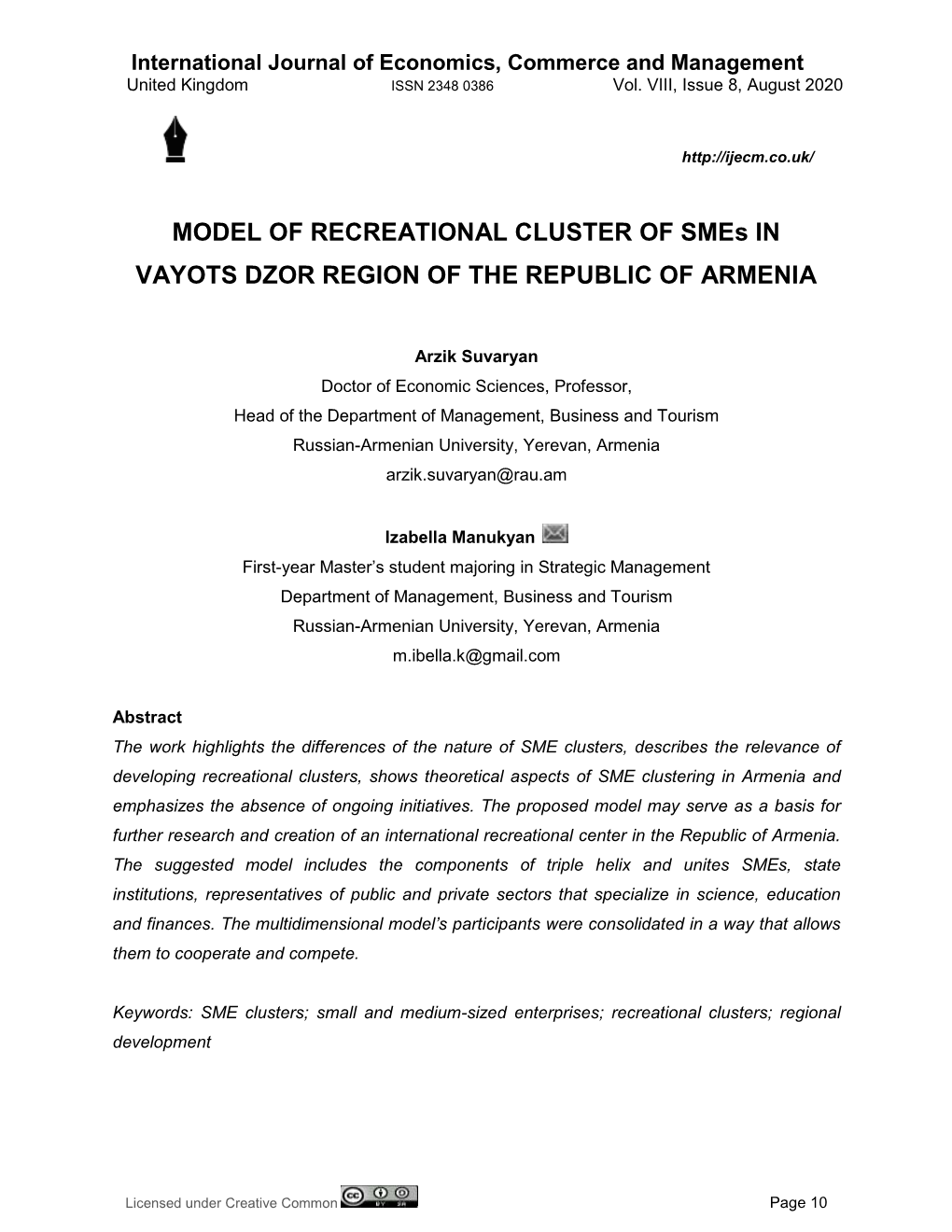 MODEL of RECREATIONAL CLUSTER of Smes in VAYOTS DZOR REGION of the REPUBLIC of ARMENIA