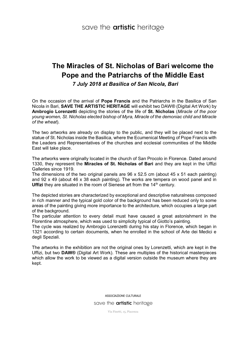 The Miracles of St. Nicholas of Bari Welcome the Pope and the Patriarchs of the Middle East 7 July 2018 at Basilica of San Nicola, Bari