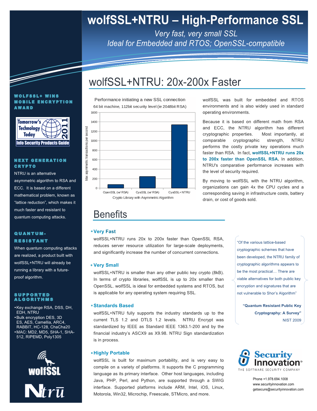 Wolfssl+NTRU – High-Performance SSL Very Fast, Very Small SSL Ideal for Embedded and RTOS; Openssl-Compatible