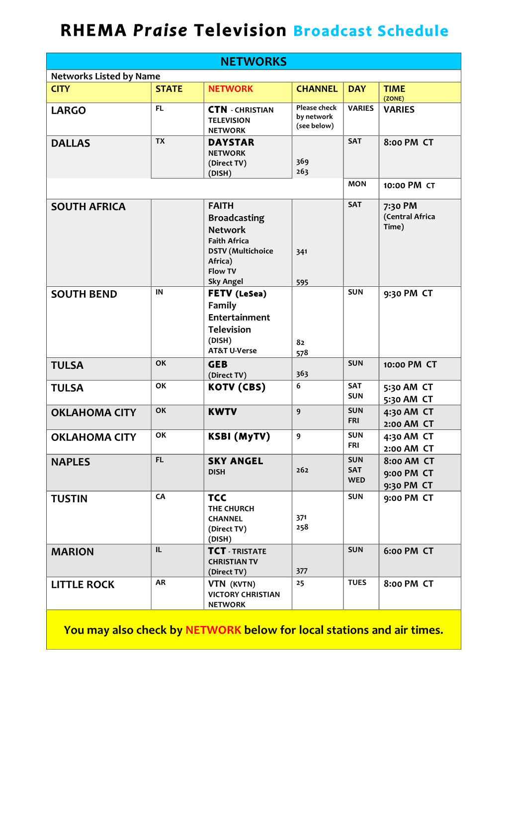 RHEMA Praise Television Broadcast Schedule