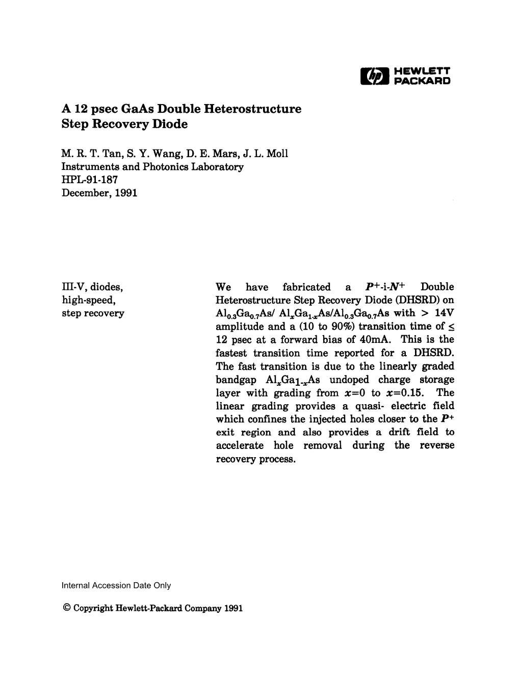 A 12 Psec Gaas Double Heterostructure Step Recovery Diode