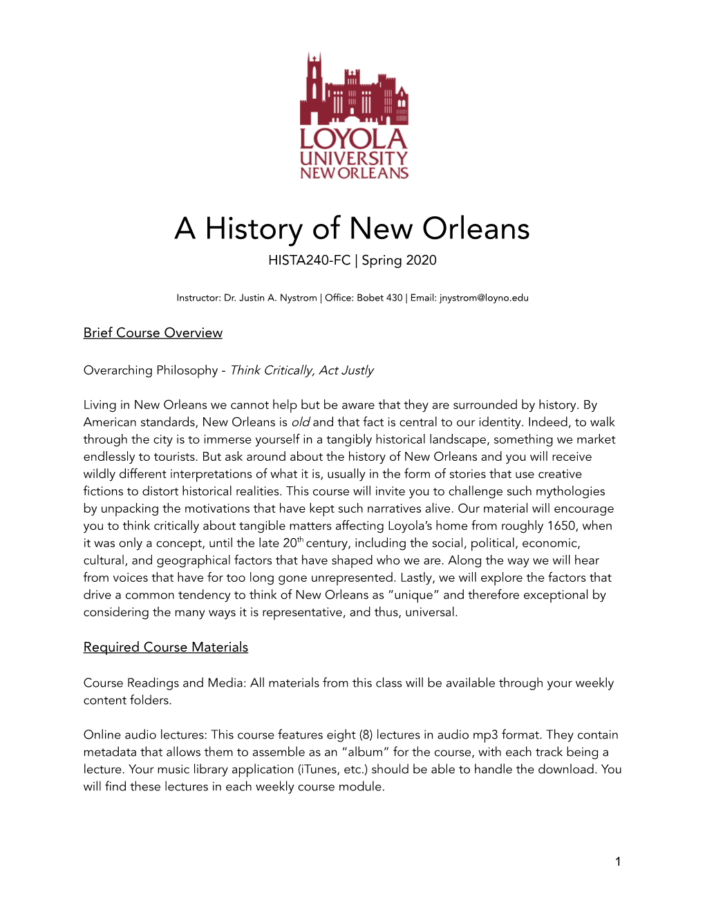 A History of New Orleans HISTA240-FC | Spring 2020