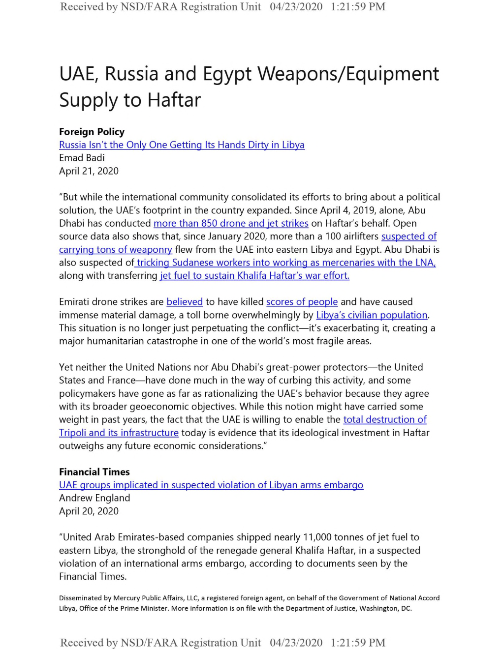 UAE, Russia and Egypt Weapons/Equipment Supply to Haftar