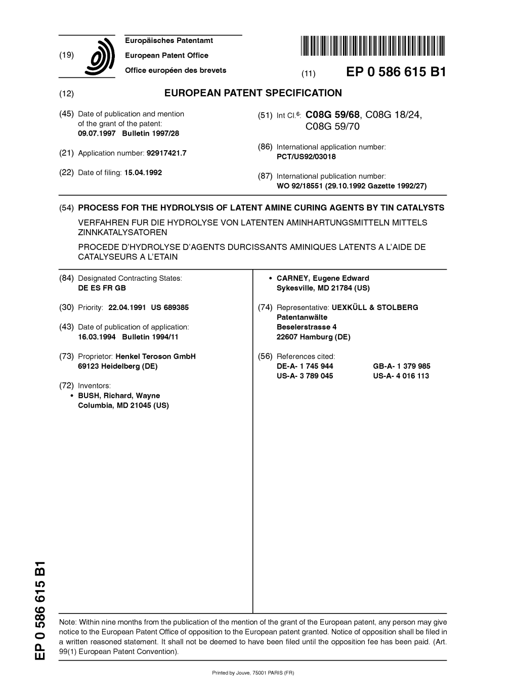 Process for the Hydrolysis of Latent Amine Curing