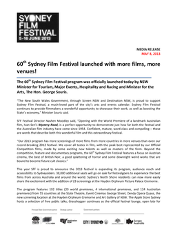 60Th Sydney Film Festival Launched with More Films, More Venues!