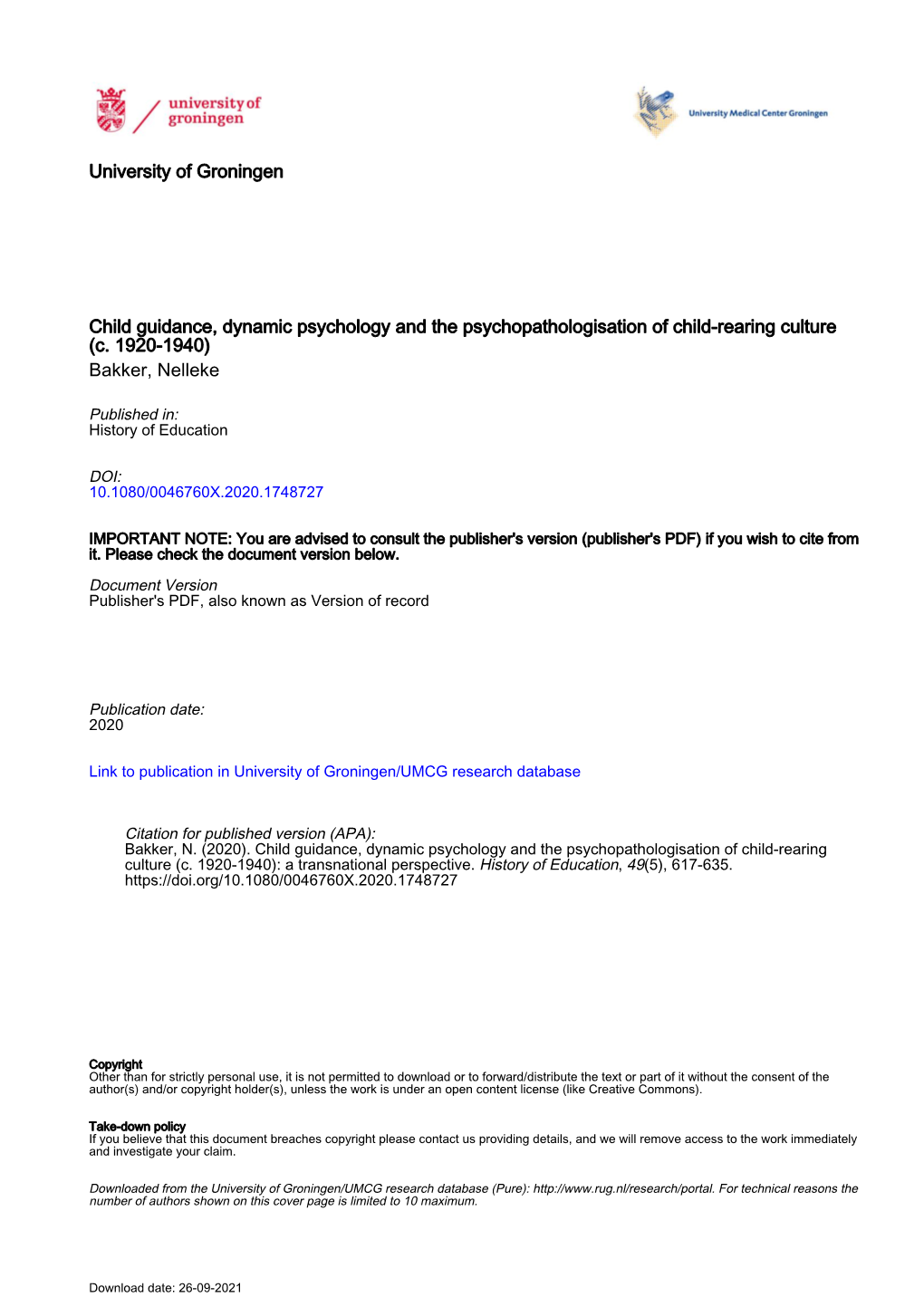 Child Guidance, Dynamic Psychology and the Psychopathologisation of Child-Rearing Culture (C