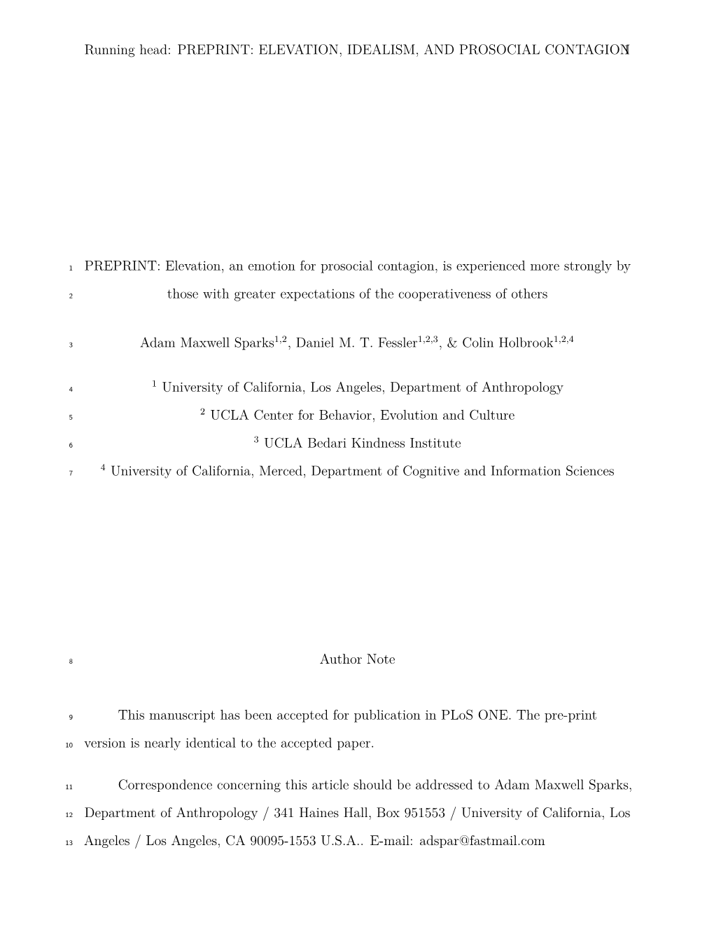 PREPRINT: Elevation, an Emotion for Prosocial Contagion, Is Experienced More Strongly By