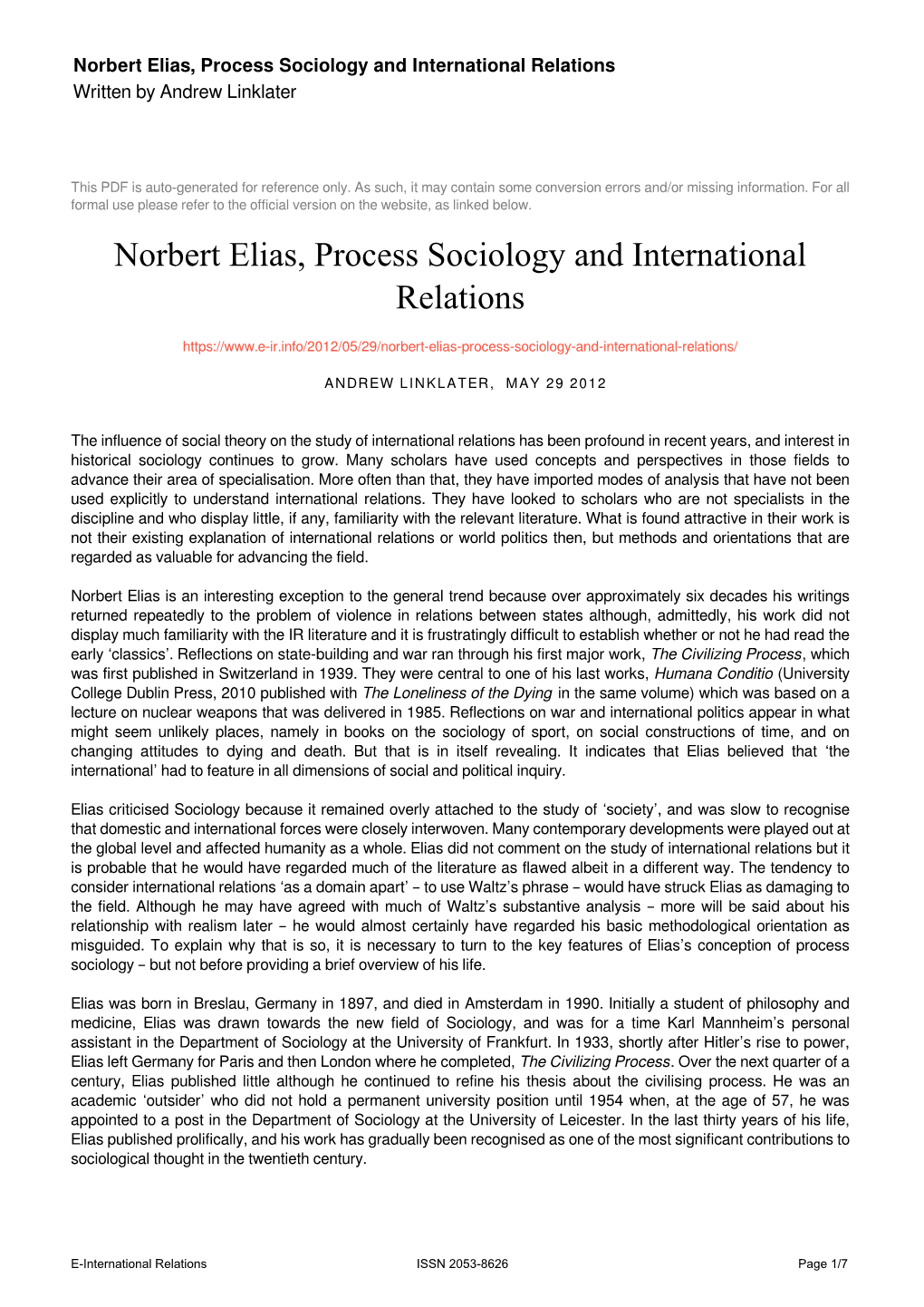 Norbert Elias, Process Sociology and International Relations Written by Andrew Linklater