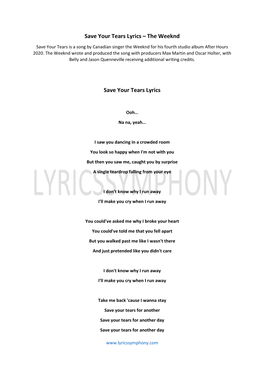 The Weeknd Save Your Tears Lyrics