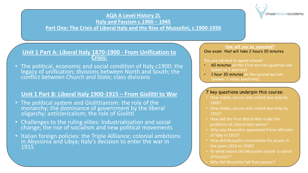 Liberal Italy 1870-1900 - from Unification to One Exam That Will Take 2 Hours 30 Minutes