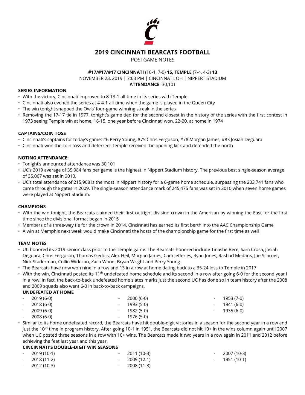 2019 Cincinnati Bearcats Football Postgame Notes