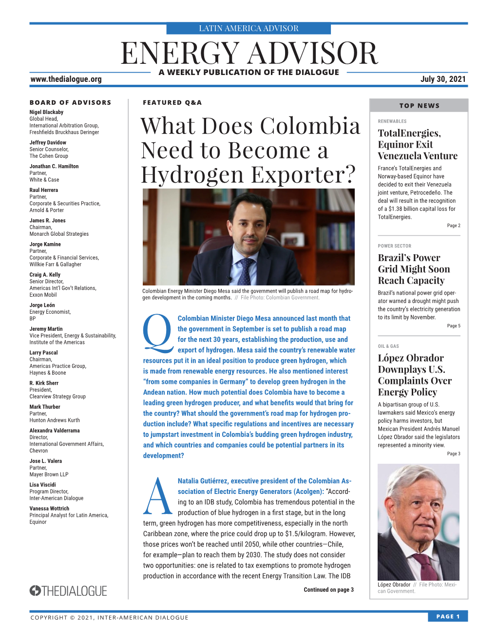 ENERGY ADVISOR a WEEKLY PUBLICATION of the DIALOGUE July 30, 2021