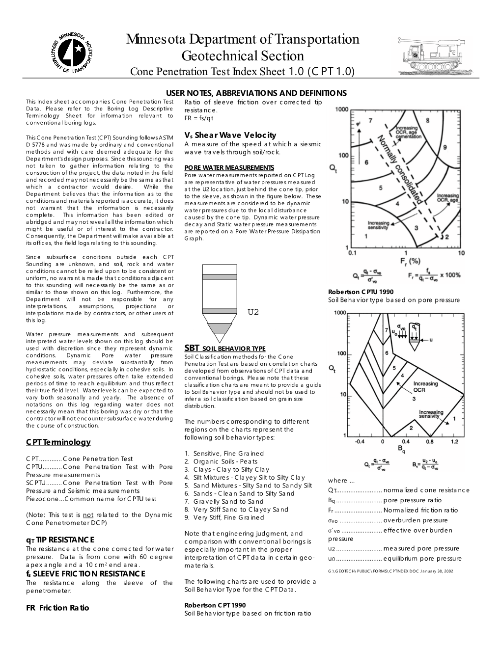 Minnesota Department of Transportation Geotechnical Section Cone Penetration Test Index Sheet 1.0 (CPT 1.0)