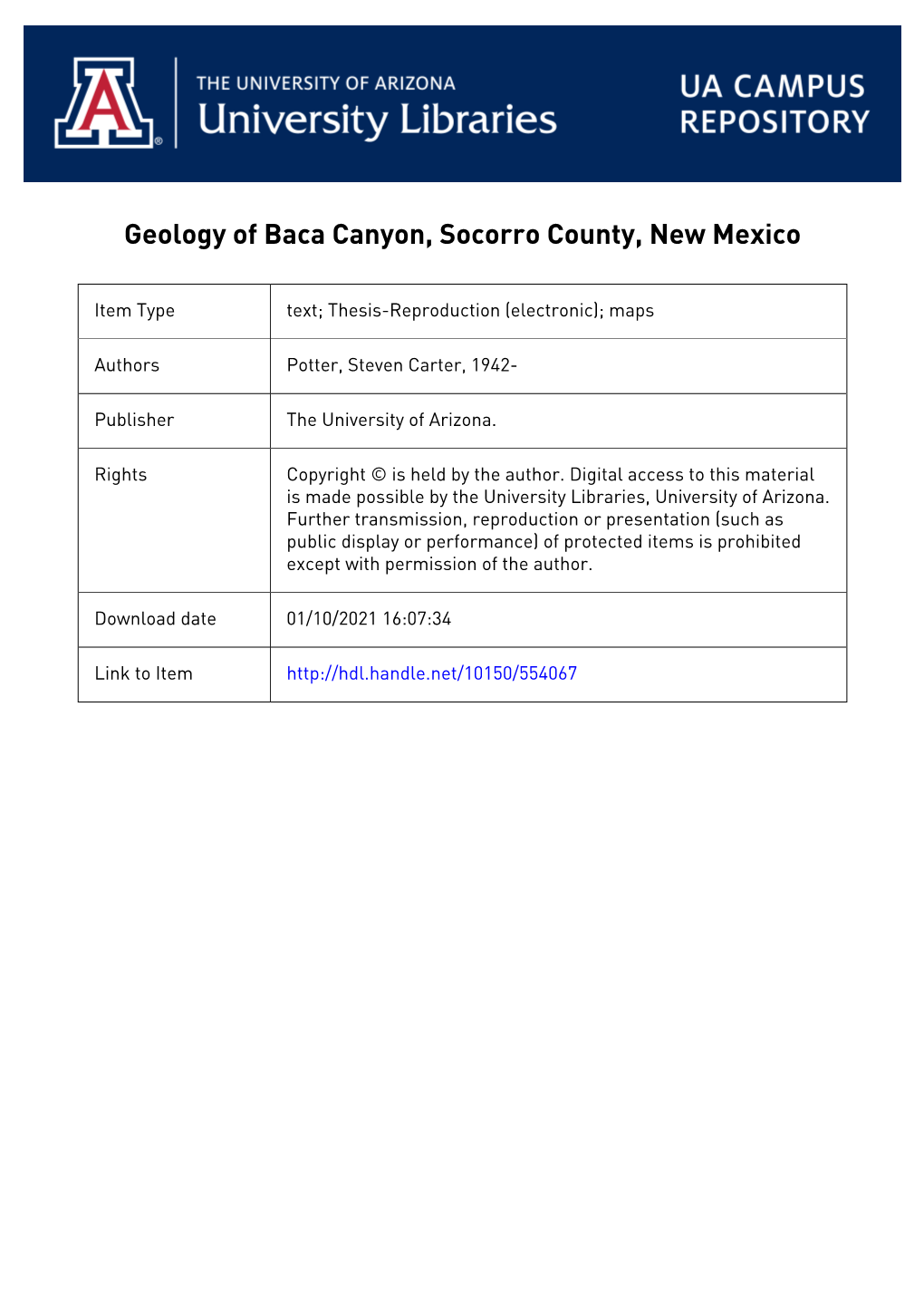 Geology of Baca Canyon, Socorro County, New Mexico