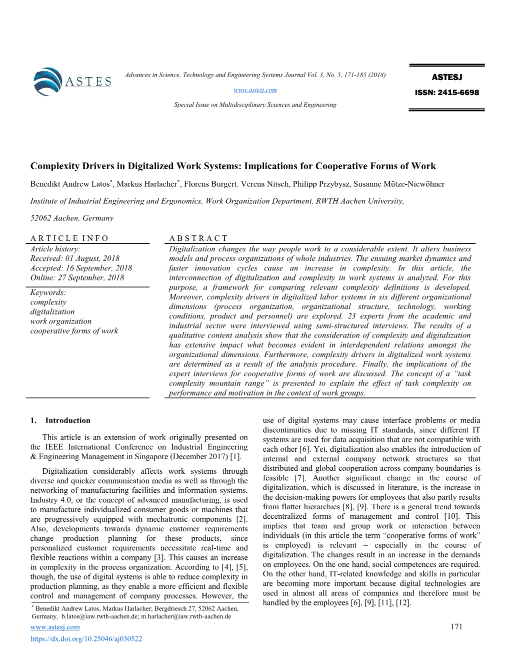 Complexity Drivers in Digitalized Work Systems: Implications for Cooperative Forms of Work