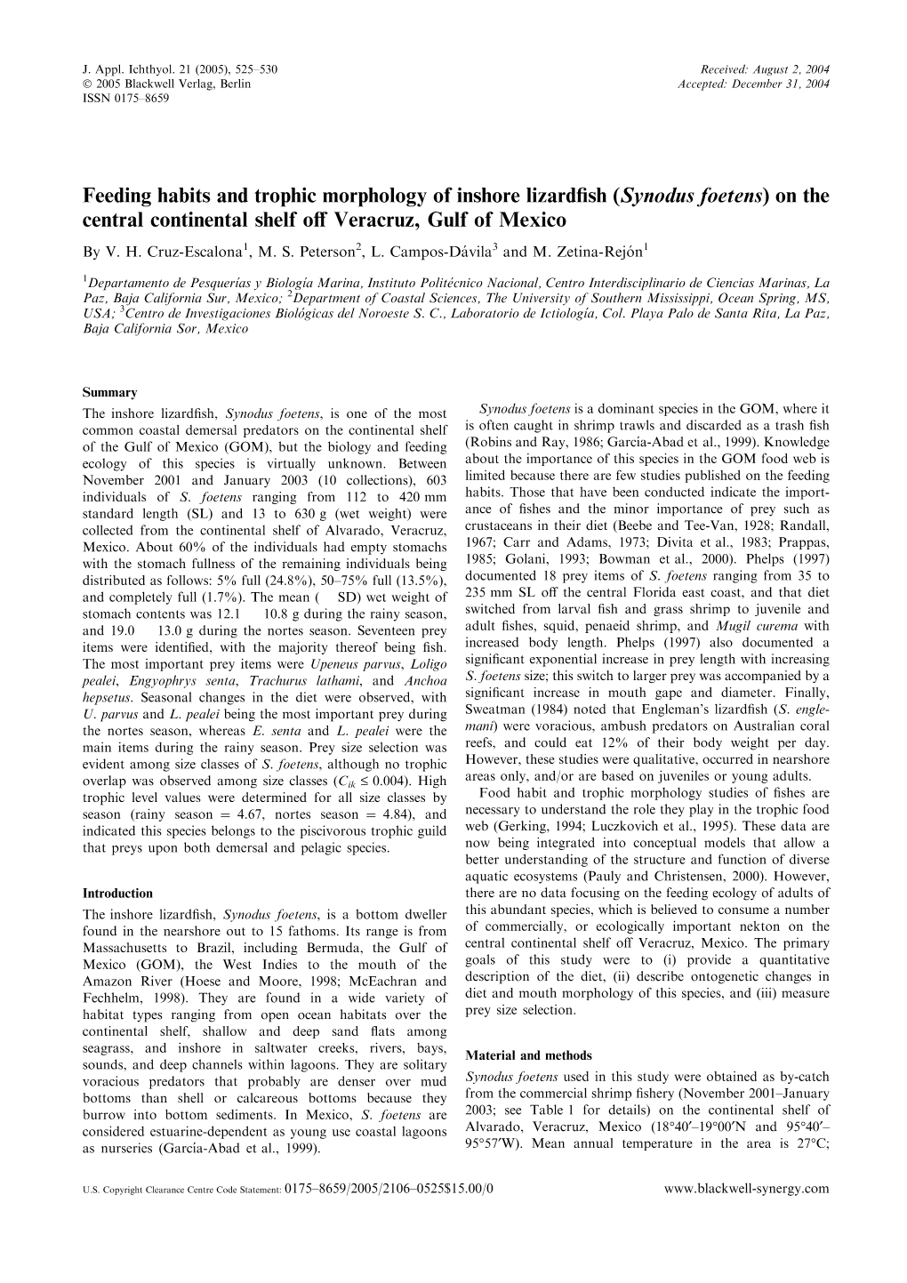 Feeding Habits and Trophic Morphology of Inshore Lizardfish
