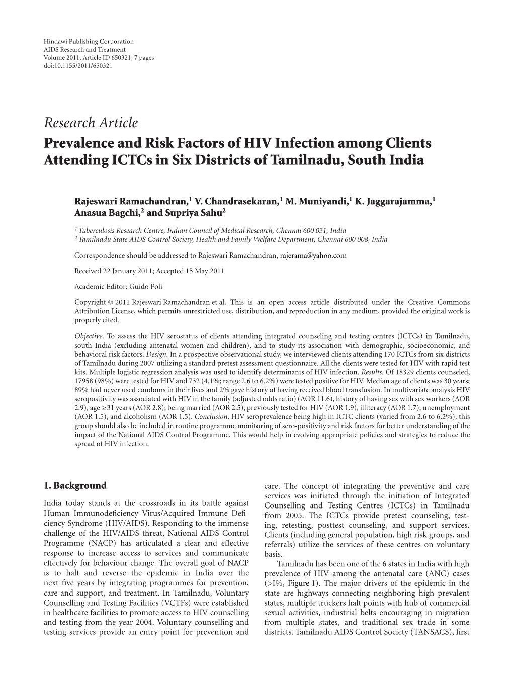 Research Article Prevalence and Risk Factors of HIV Infection Among Clients Attending Ictcs in Six Districts of Tamilnadu, South India