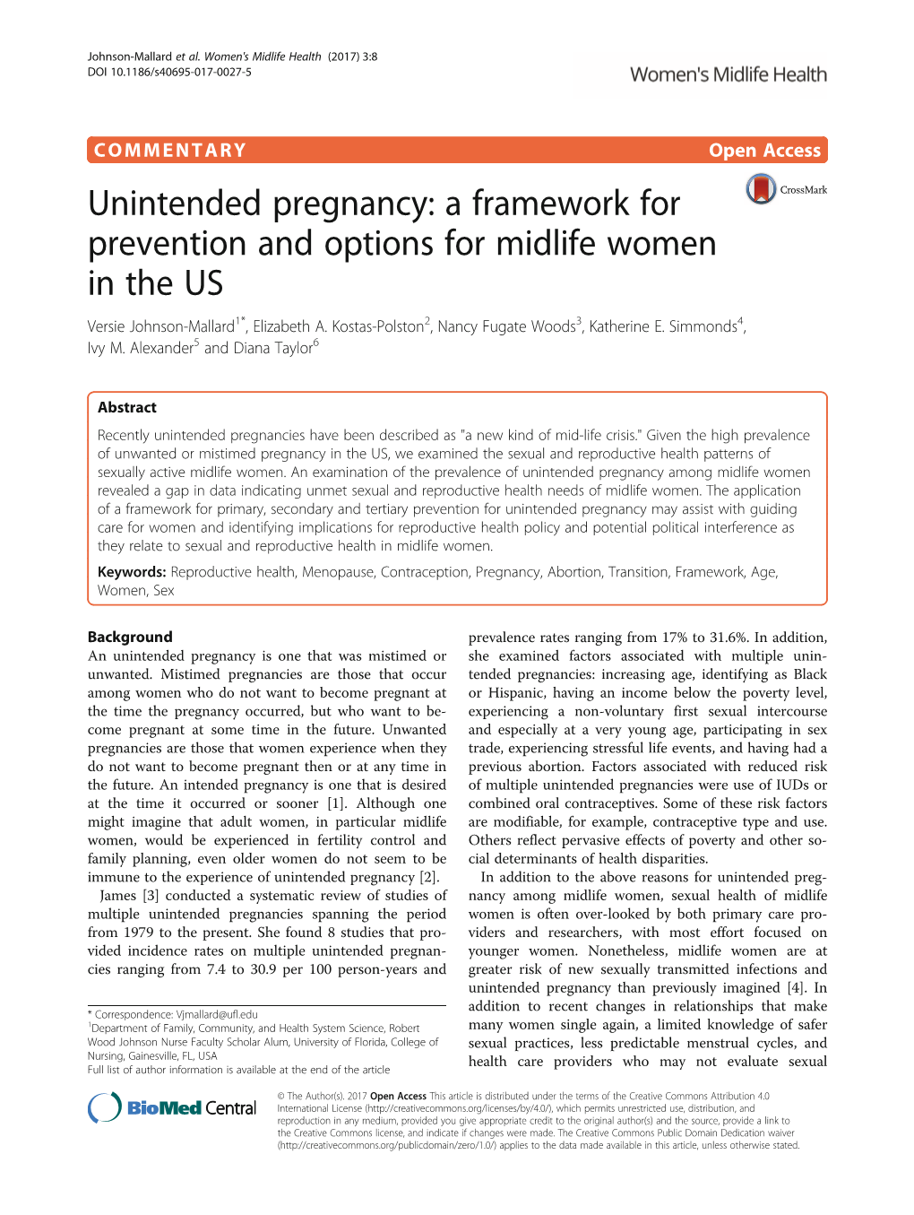 Unintended Pregnancy: a Framework for Prevention and Options for Midlife Women in the US Versie Johnson-Mallard1*, Elizabeth A