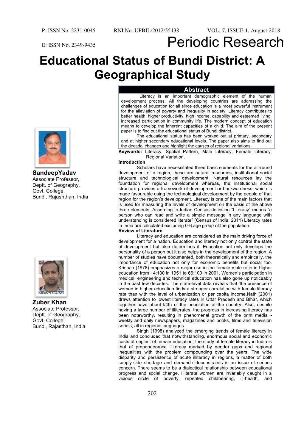 Educational Status of Bundi District: a Geographical Study