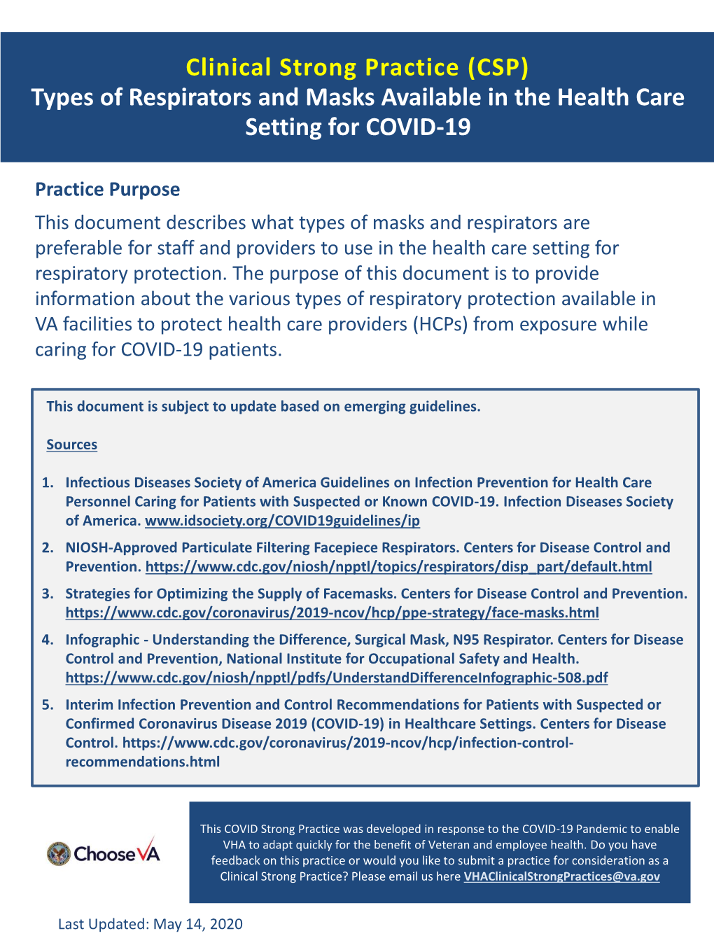 Clinical Strong Practice (CSP) Types of Respirators and Masks Available in the Health Care Setting for COVID-19