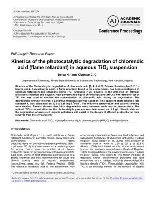 Kinetics of the Photocatalytic Degradation of Chlorendic Acid (Flame Retardant) in Aqueous Tio2 Suspension