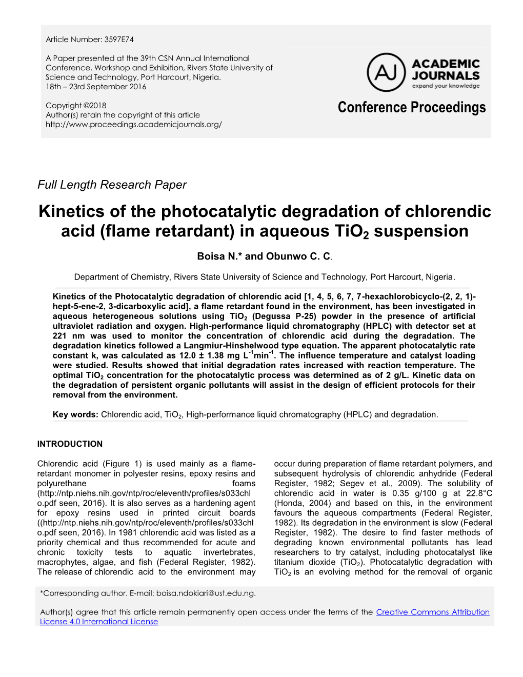 Kinetics of the Photocatalytic Degradation of Chlorendic Acid (Flame Retardant) in Aqueous Tio2 Suspension