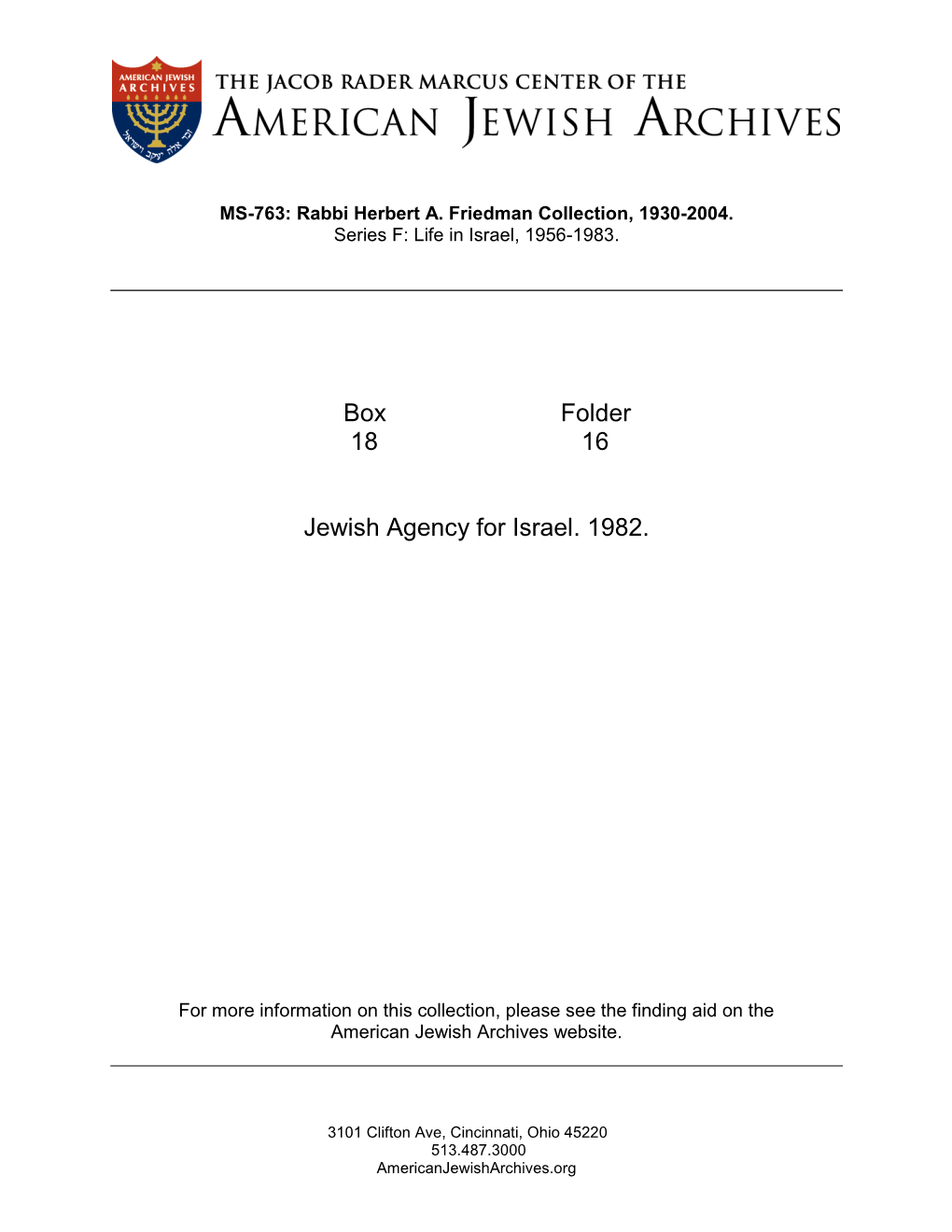 Box Folder 18 16 Jewish Agency for Israel. 1982