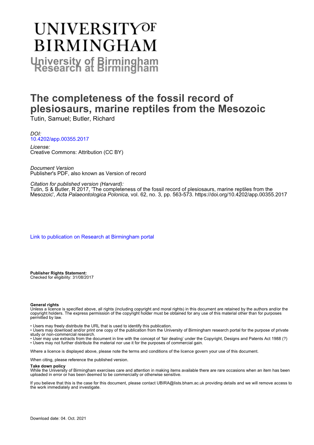 University of Birmingham the Completeness of the Fossil Record Of