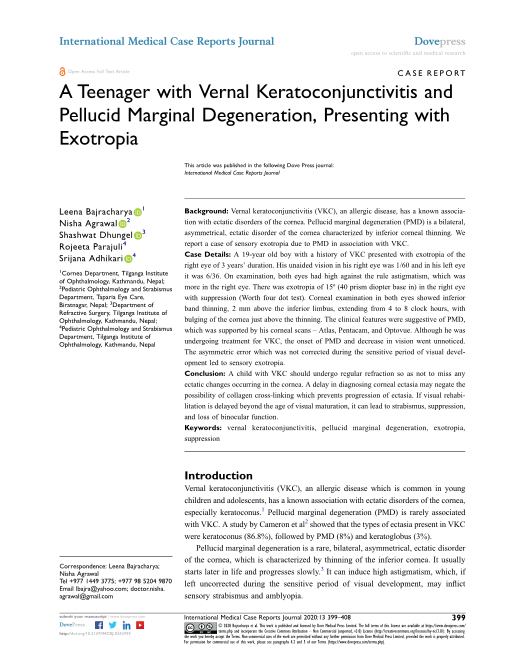 A Teenager with Vernal Keratoconjunctivitis and Pellucid Marginal Degeneration, Presenting with Exotropia