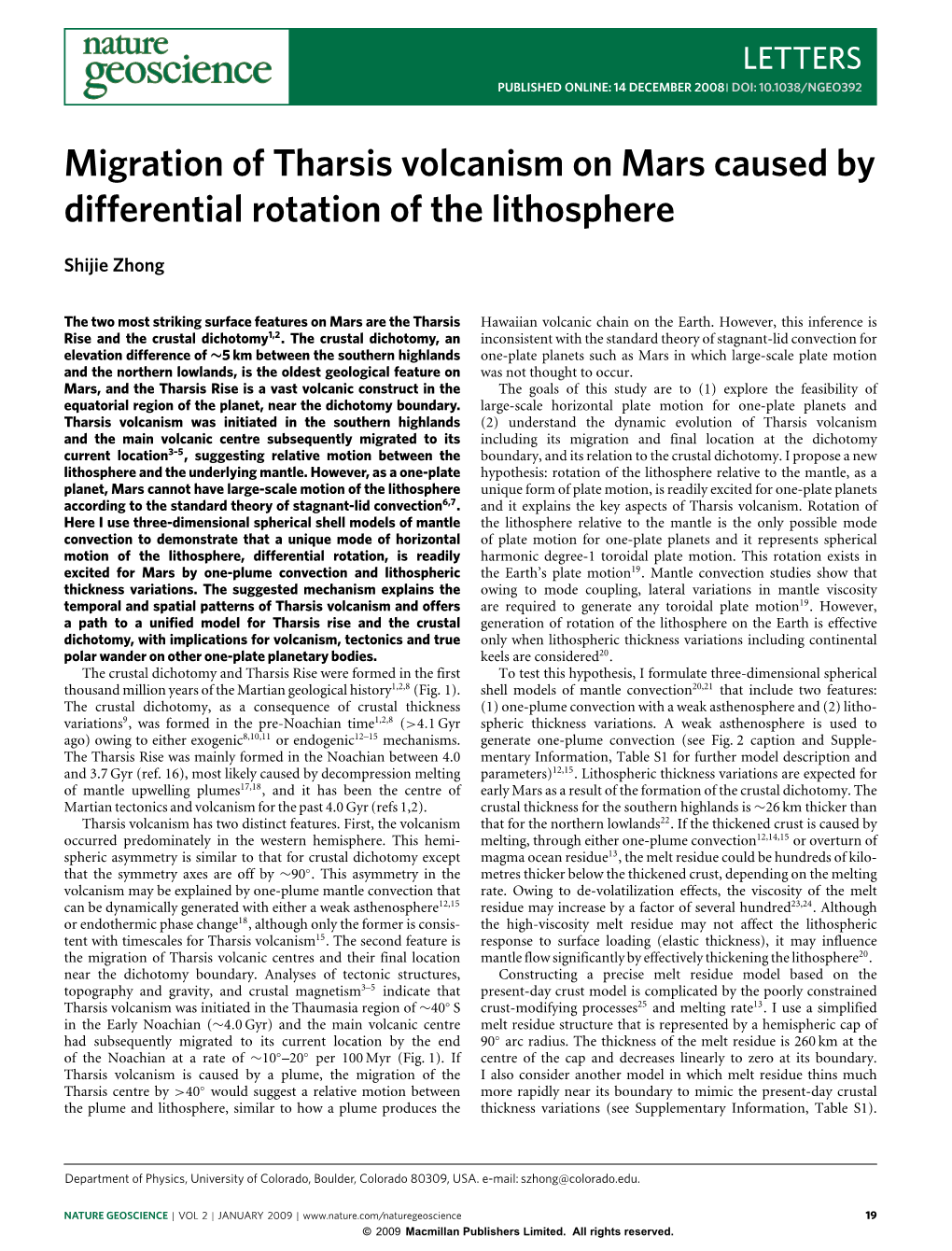 Migration of Tharsis Volcanism on Mars Caused by Differential Rotation of the Lithosphere