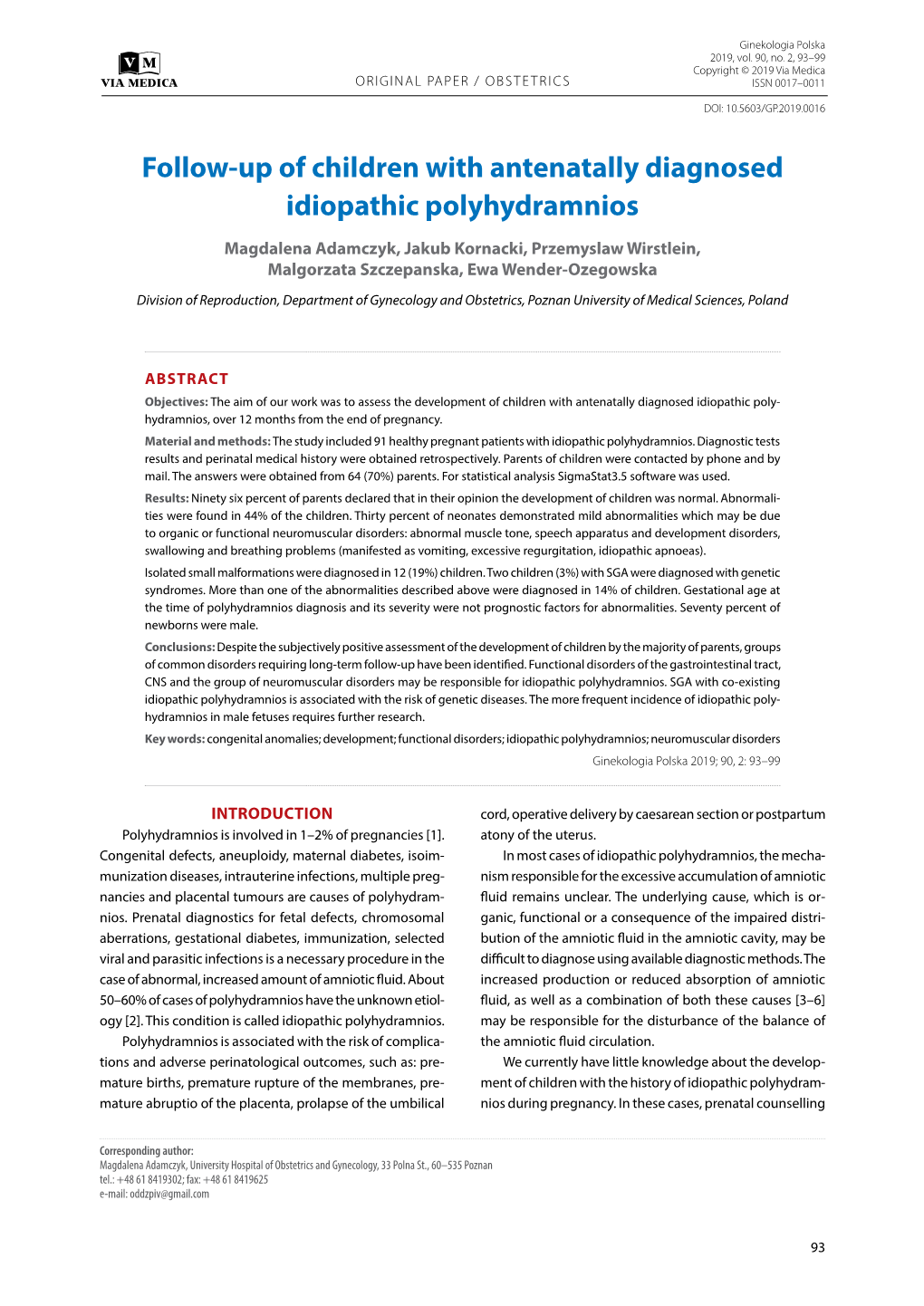 Follow-Up of Children with Antenatally Diagnosed Idiopathic Polyhydramnios